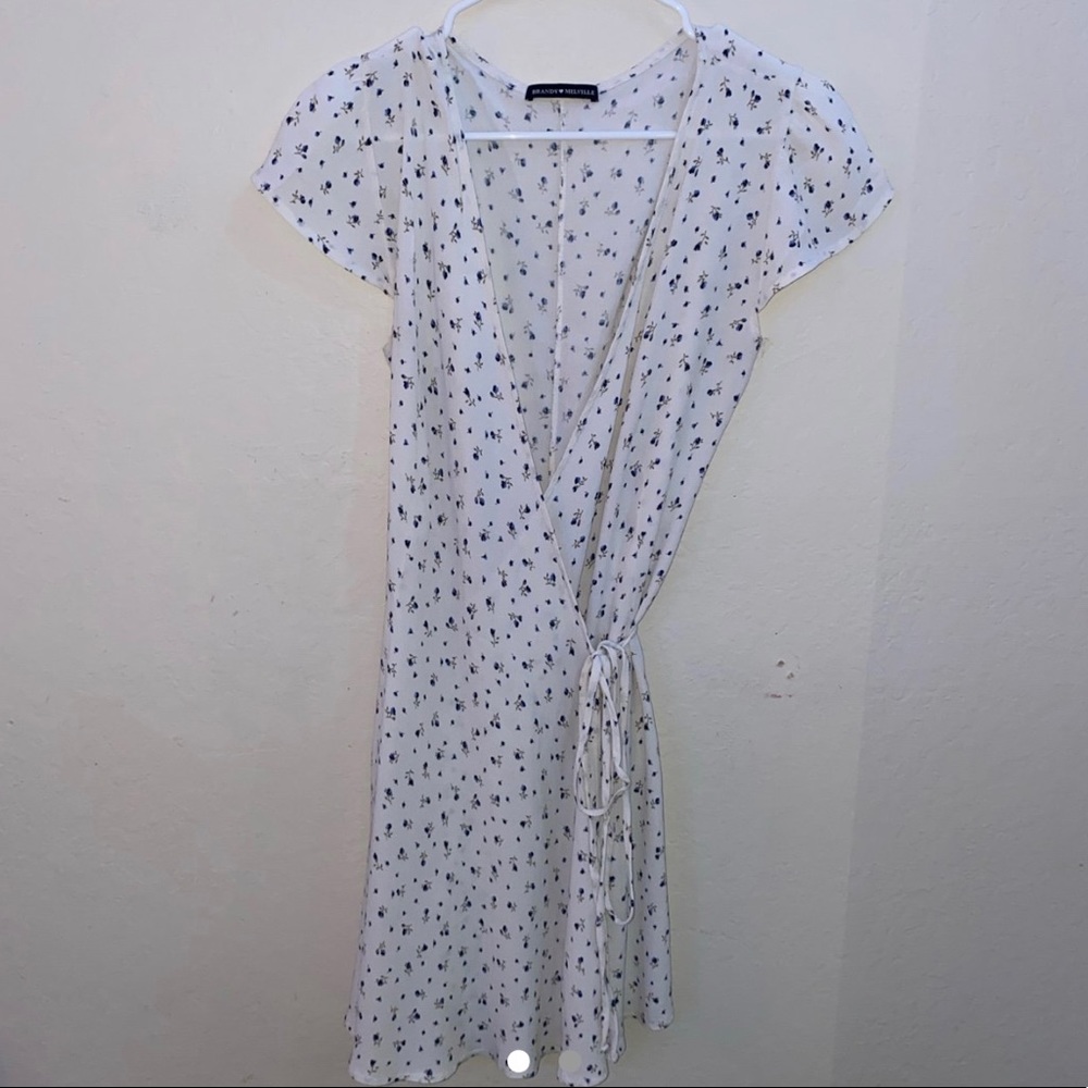 White Wrap Dress with Blue Flowers